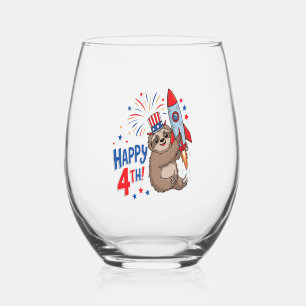 Sloth Happy 4th Rocket Fireworks USA Stemless Wine Glass