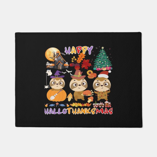 Sloth Happy Hallothanksmas Funny Halloween Thanksg Doormat (Front)