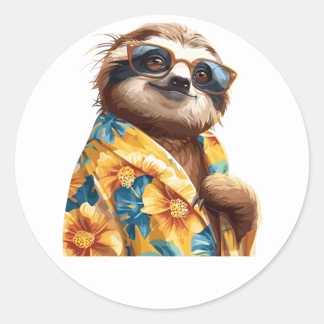 Sloth hawaiian with sunglasses classic round sticker (Front)