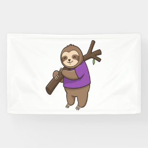 Sloth Hugging Tree Branch Wearing Purple Banner