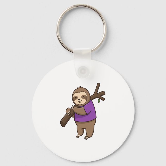 Sloth Hugging Tree Branch Wearing Purple Key Ring (Front)