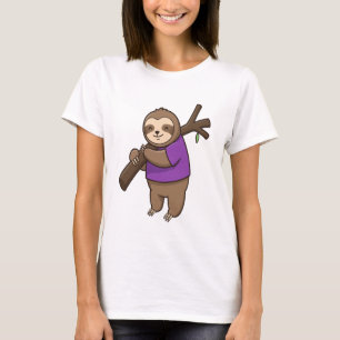 Sloth Hugging Tree Branch Wearing Purple T-Shirt