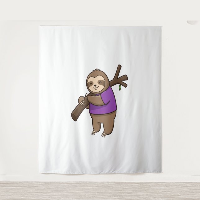 Sloth Hugging Tree Branch Wearing Purple Tapestry (Front)