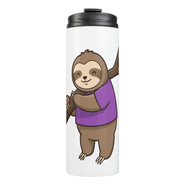 Sloth Hugging Tree Branch Wearing Purple Thermal Tumbler (Front)