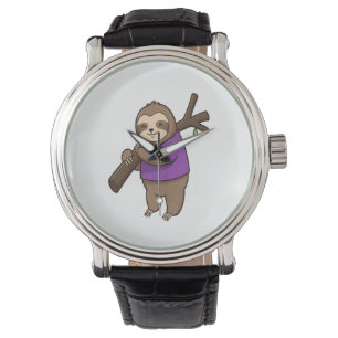 Sloth Hugging Tree Branch Wearing Purple Watch