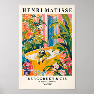Sloth In Bathtub Art Print, Matisse Print, Bathroo Poster