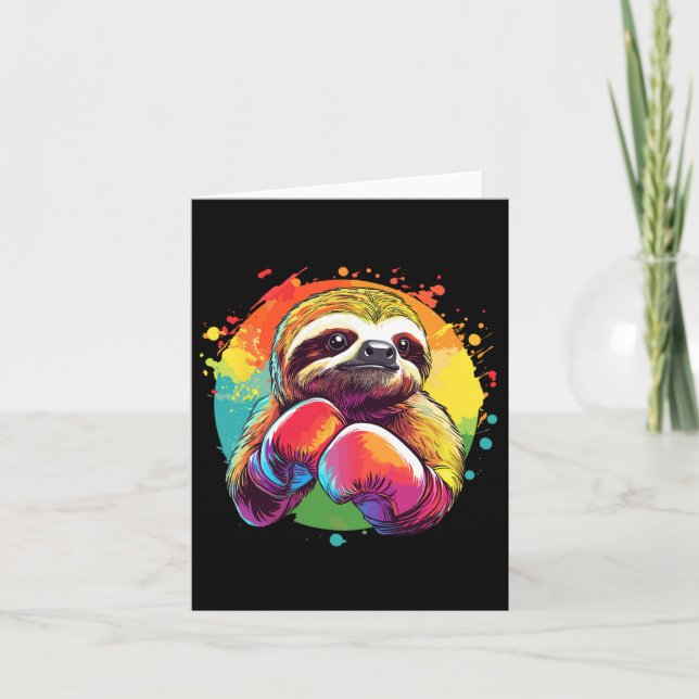Sloth In Boxing Gloves Rainbow Background  Card (Front)
