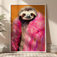 Sloth in Pink Fur Animal Fashion Art Print