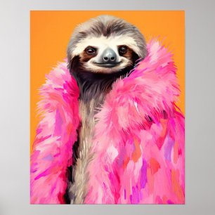 Sloth in Pink Fur Animal Fashion Art Print