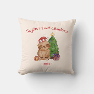 Sloth in Santa Hat Baby's First Christmas Cushion