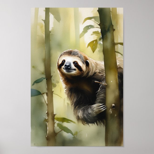 Sloth in the forest, watercolor painting poster (Front)