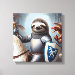 Sloth Knight Fighting Dragons Canvas Print