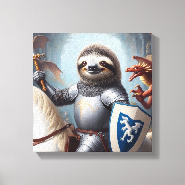 Sloth Knight Fighting Dragons Canvas Print (Front)