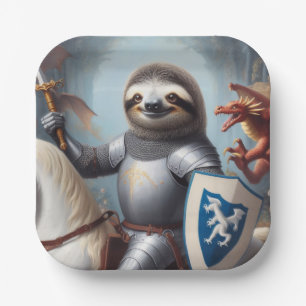 Sloth Knight Fighting Dragons Paper Plate