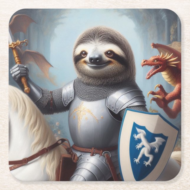 Sloth Knight Fighting Dragons Square Paper Coaster (Front)