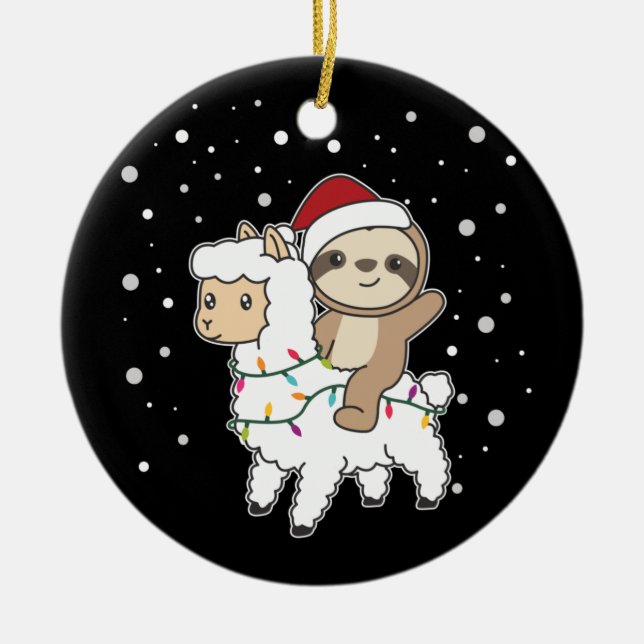 Sloth Lama Christmas Snow Winter Animals Ceramic O Ceramic Tree Decoration (Front)