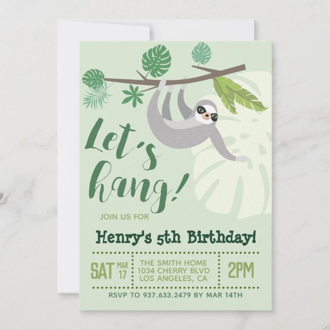 Sloth Let's Hang Birthday Invitation (Front)