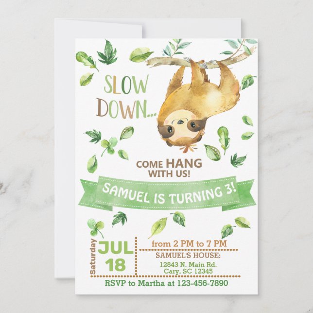 Sloth let's hang out boy invitation. invitation (Front)
