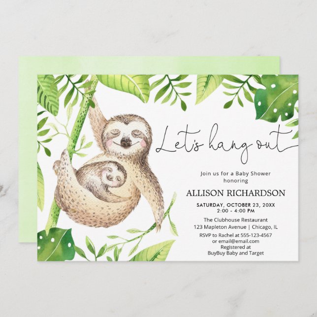 Sloth Let's Hang Out gender neutral baby shower Invitation (Front/Back)