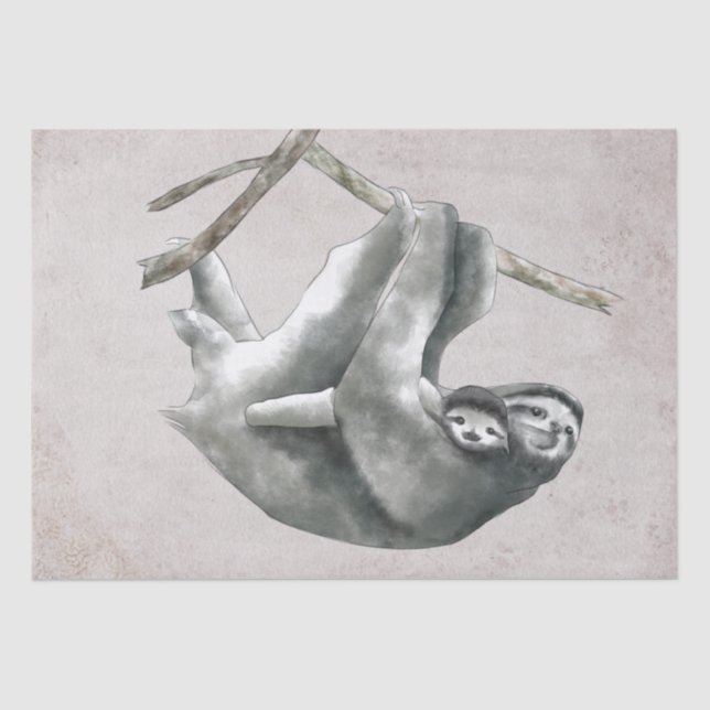 Sloth Mama and Baby Watercolor Tissue Paper (Front)