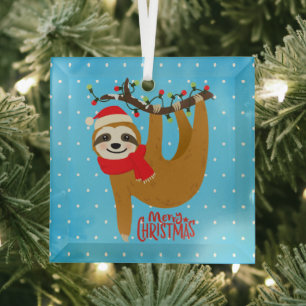 Sloth Merry Christmas Cute Festive Holiday Animal  Glass Tree Decoration