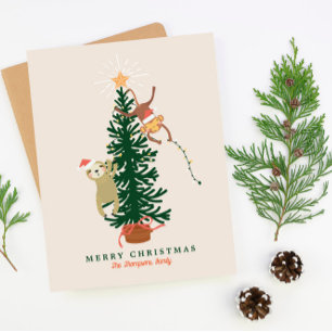 Sloth Monkey hanging from a Christmas Tree  Holiday Card