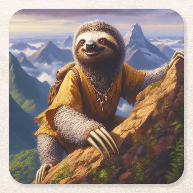 Sloth Mountain Climbing Square Paper Coaster (Front)