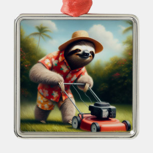 Sloth Mowing Lawn Metal Tree Decoration