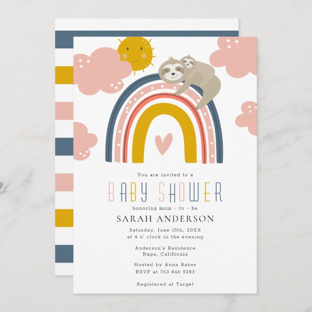 Sloth Mum & Baby with Happy Rainbow Baby Shower  Invitation (Front/Back)