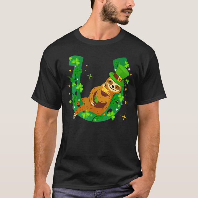 Sloth Napping On Shamrock Horseshoe St Patrick's D T-Shirt (Front)
