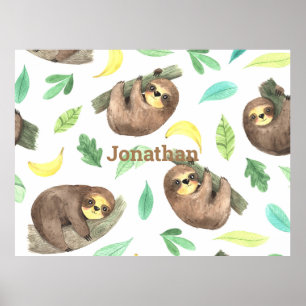 Sloth on a Branch Bananas Animal Name Poster