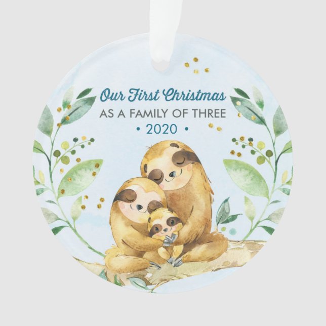Sloth Our First Christmas As A Family of 3 Ornament (Front)