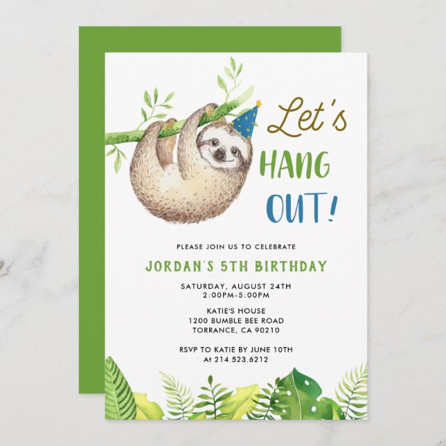 Sloth Party | Hanging Sloth Boy Birthday Party  Invitation (Front/Back)
