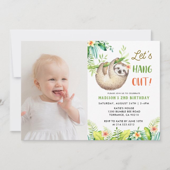 Sloth Party | Hanging Sloth Girl Birthday Photo Invitation (Front)