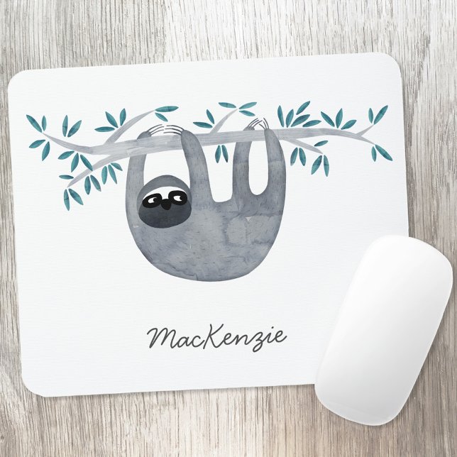 Sloth Personalised Cute Mouse Pad (Sloth watercolor personalized custom name art mousemat)