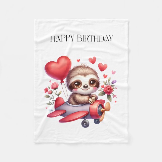 Sloth Pilot Birthday Fleece Blanket (Front)