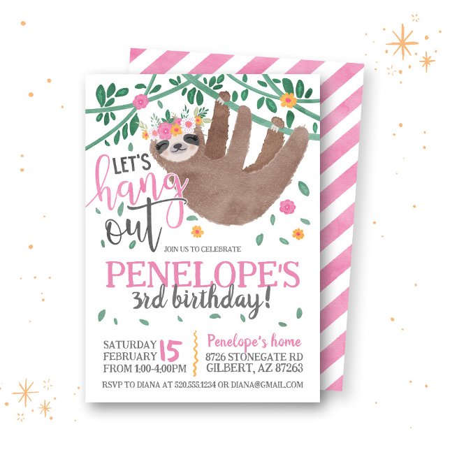 Sloth Pink Birthday Invitation (Creator Uploaded)