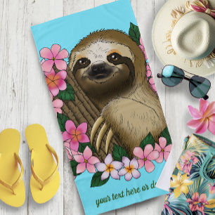 Sloth Pink Flowers  Beach Towel