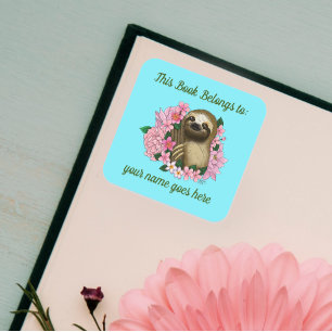 Sloth Pink Flowers Bookplate Square Sticker