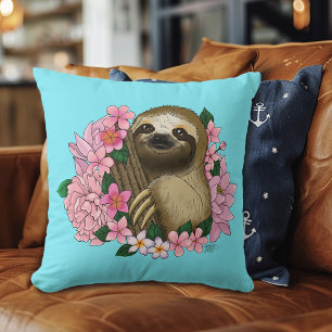 Sloth Pink Flowers Cushion