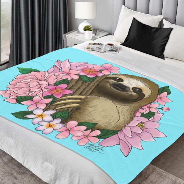 Sloth Pink Flowers Fleece Blanket (Creator Uploaded)
