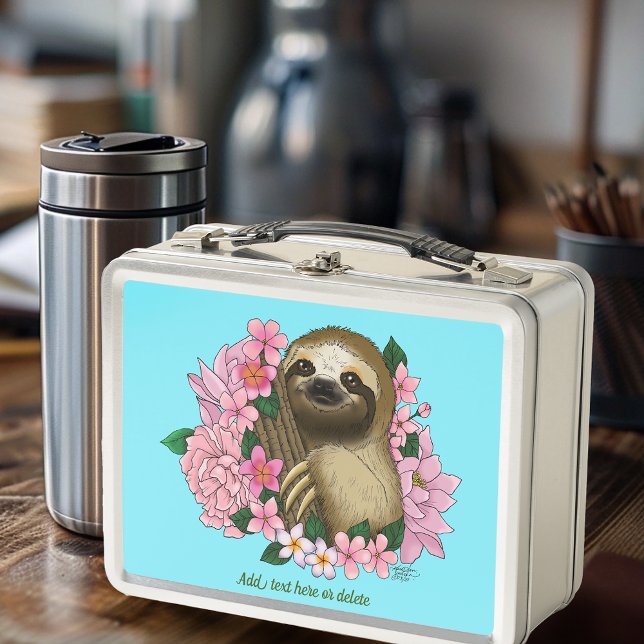 Sloth Pink Flowers Metal Lunch Box (Creator Uploaded)