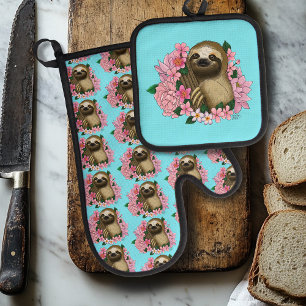 Sloth Pink Flowers Oven Mitt & Pot Holder Set