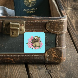 Sloth Pink Flowers Square Sticker