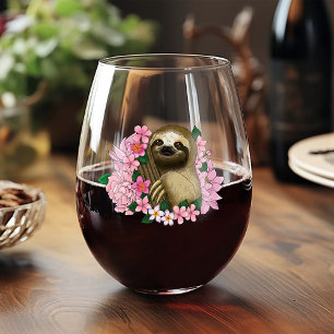 Sloth Pink Flowers Stemless Wine Glass