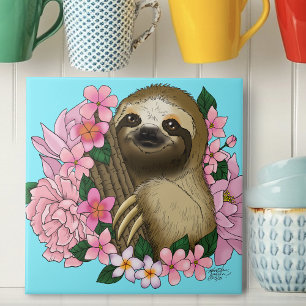 Sloth Pink Flowers Tile