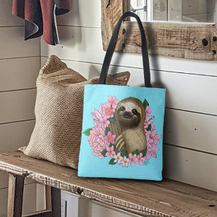 Sloth Pink Flowers Tote Bag