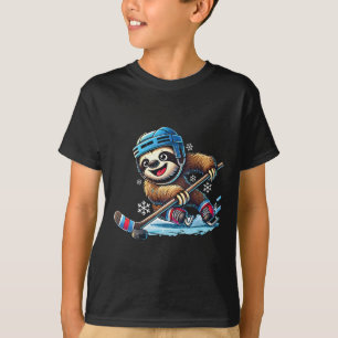 Sloth Playing Ice Hockey Kids Boys Girls Funny Ice T-Shirt