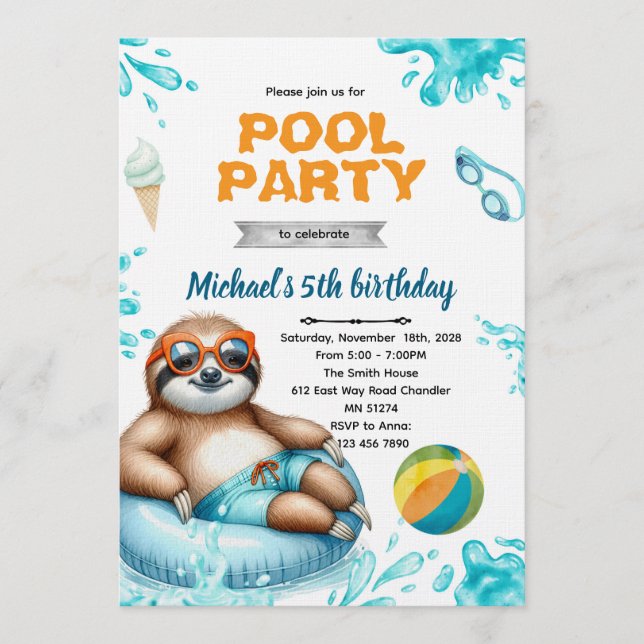 Sloth Pool Party Birthday Invite (Front)