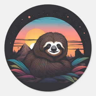 Sloth Portrait With Sunset Classic Round Sticker